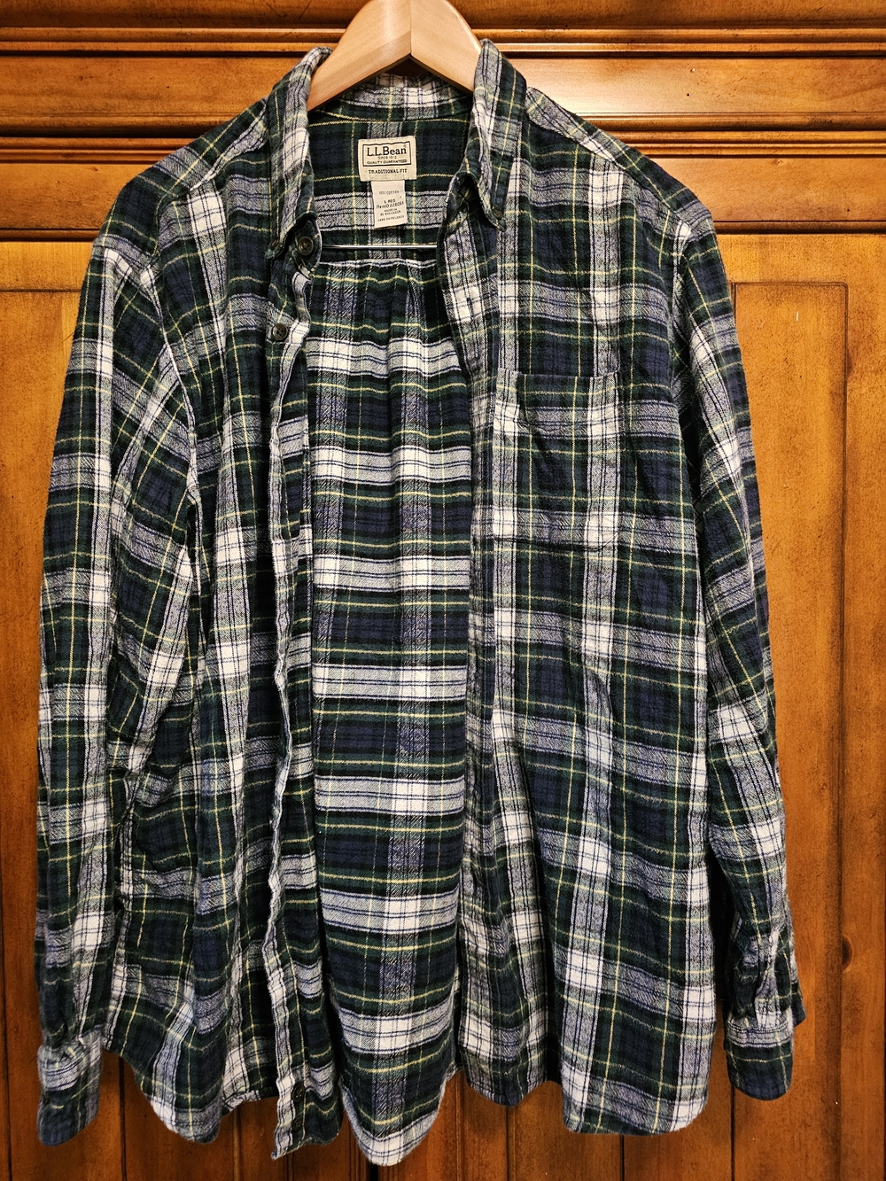 L.L. Bean Scotch Plaid Flannel Shirt Green Blue Tartan Traditional Fit [Large